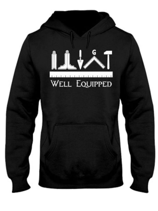 Well Equiped Masonic freemasonry sweatshirt black by Pegasus with hood and pockets