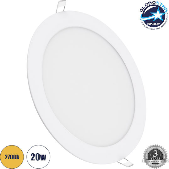 GloboStar Στρογγυλό Χωνευτό LED Panel 20W με Θερμό Λευκό Φως 2700K 22.2εκ.