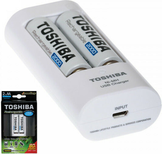 Toshiba USB Charger 2 Batteries Ni-MH Size AA/AAA Set with 2x AA 2000mAh in White color