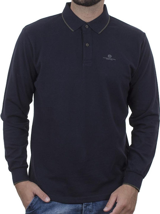 Double Men's Long Sleeve Blouse Polo Navy Blue