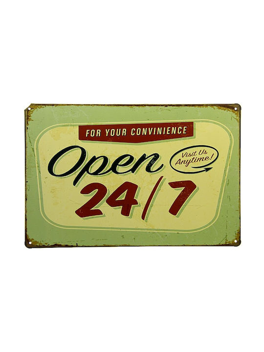 Metallic Wall Sign Open 24/7 30x20cm