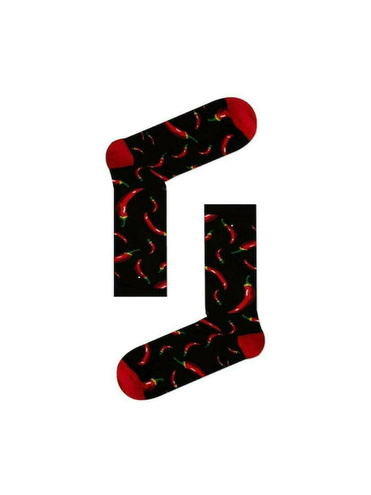 Men's Long Cotton Socks with Hot Peppers Design in Black color