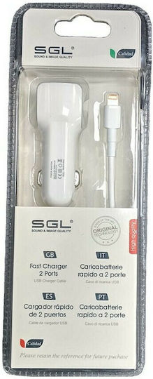 V8-D13 Φορτιστής Αυτοκινήτου με Θύρες: 2xUSB μαζί με Καλώδιο Lightning Λευκό Χρώμα