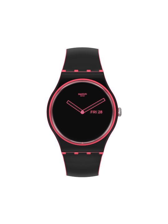 Swatch Minimal Line Pink Uhr Batterie mit Schwarz Kautschukarmband