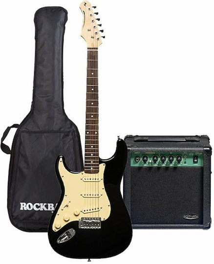 Stagg SES-30 Set Elektrische Gitarre für Linkshänder mit SSS Tonabnehmerkonfiguration Schwarz mit Tasche