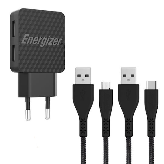Energizer Ladegerät mit 2 USB-A Anschlüsse und Kabel USB-C Schwarzs (AC2BEULCMM)