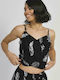 Ble Resort Collection Damen Sommer Crop Top Baumwolle mit Trägern & V-Ausschnitt Schwarz