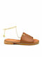 Leather Women's Flat Sandals Tabac Brown