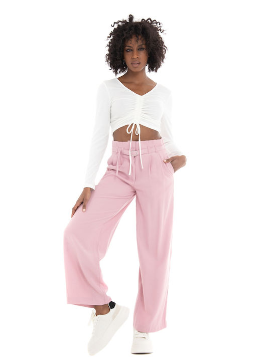 Only Γυναικεία Ψηλόμεση Υφασμάτινη Παντελόνα σε Paperbag Εφαρμογή σε Ροζ Χρώμα