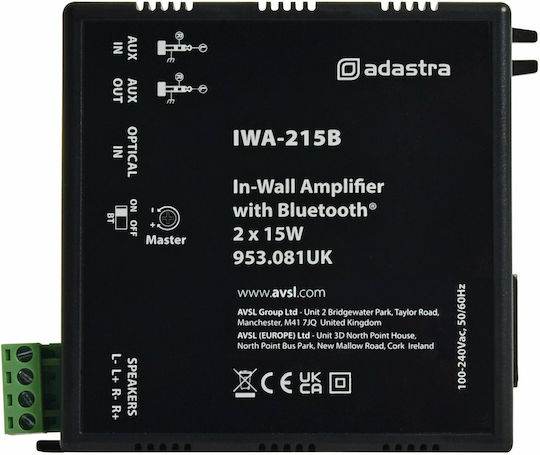 Adastra IWA-215B Επιτοίχιος Ενισχυτής με Bluetooth Τελικός Ενισχυτής Εγκαταστάσεων 15W/100V και Σύνδεση Bluetooth 953.081UK
