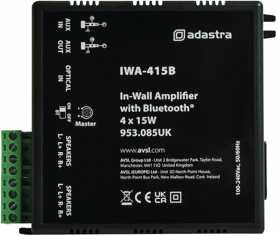 Adastra IWA-415B Wall Amplifier with Bluetooth Commercial Power Amplifier 15W/100V Bluetooth Connectivity