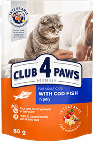 Club 4 Paws Wet Food for Adult Cats in Pouches with Cod 80gr