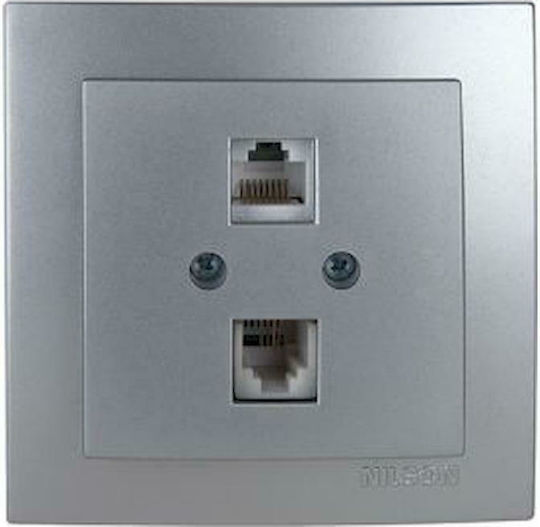 Geyer Διπλή Πρίζα Δικτύου και Τηλεφώνου RJ45/RJ11 με Πλαίσιο Τύπου Cat6 σε Ασημί Χρώμα 24131049