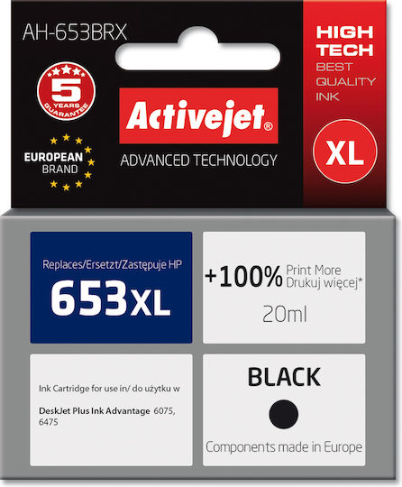 Active Jet Compatible Inkjet Printer Cartridge HP 653XL 3YM75AE 720 Pages 20ml Black 1pcs