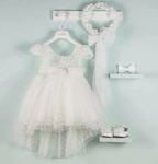 Bambolino Melissa Λευκό Βαπτιστικό Σετ Ρούχων με Αξεσουάρ Μαλλιών & Φόρεμα από Δαντέλα 2τμχ