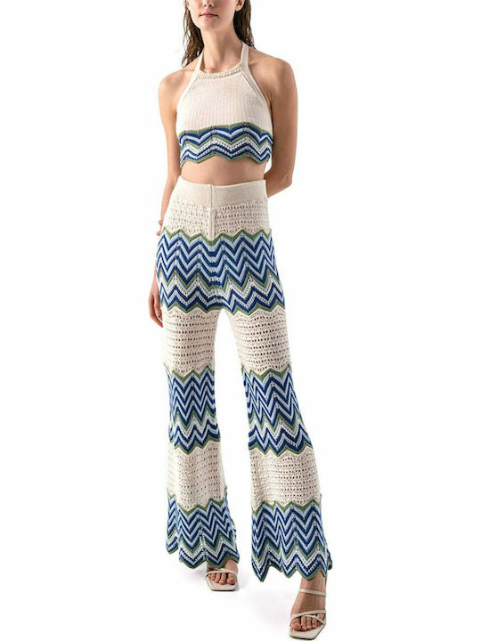 Tailor Made Knitwear Femeiesc Albastru Set cu Talie înaltă Pantaloni cu Elastic Evazat