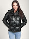 Vainas Women's Short Puffer Artificial Leather Jacket for Winter with Hood Black