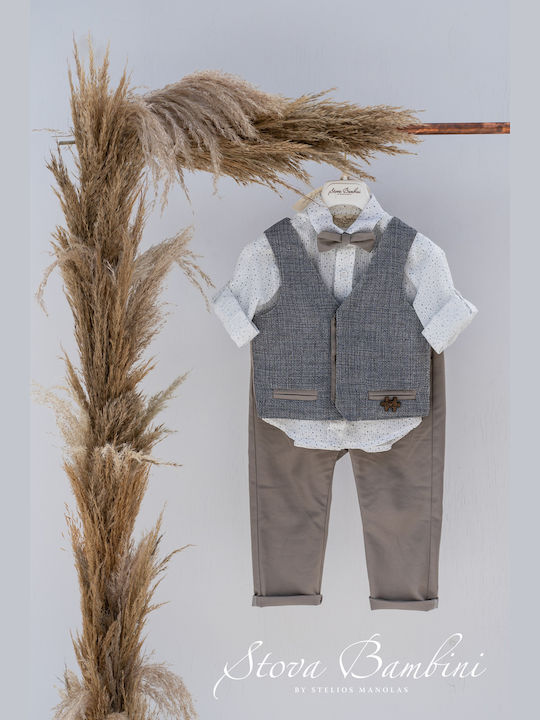 Stova Bambini Boys Linen Baptism Suit with Vest 6pcs Gray