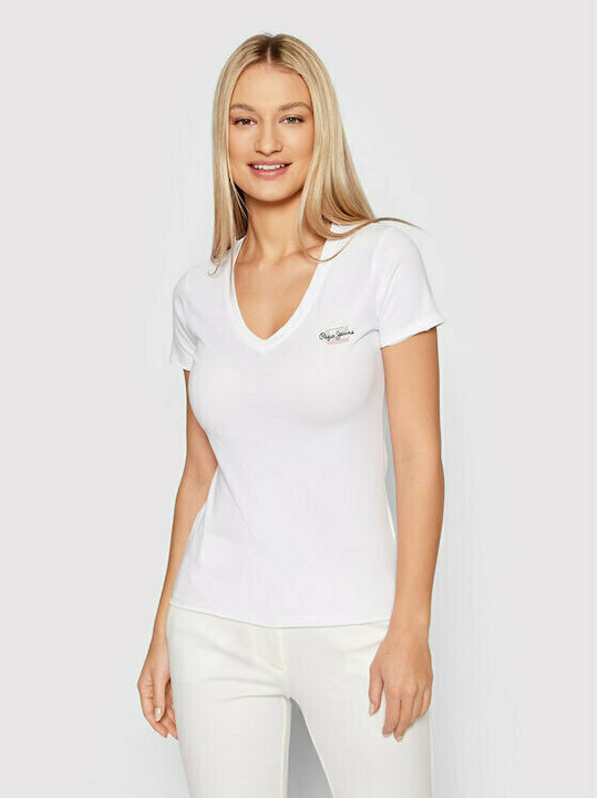 Pepe Jeans Damen T-Shirt mit V-Ausschnitt Weiß