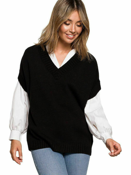 BE Knit Damen Pullover mit V-Ausschnitt Schwarz