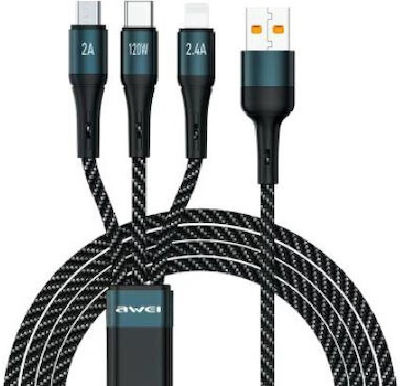 Awei CL-972 Braided USB to micro USB / Type-C / Lightning Cable Μπλε 1.2m