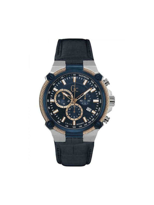 GC Watches Ρολόι Χρονογράφος Μπαταρίας με Δερμάτινο Λουράκι σε Μπλε χρώμα