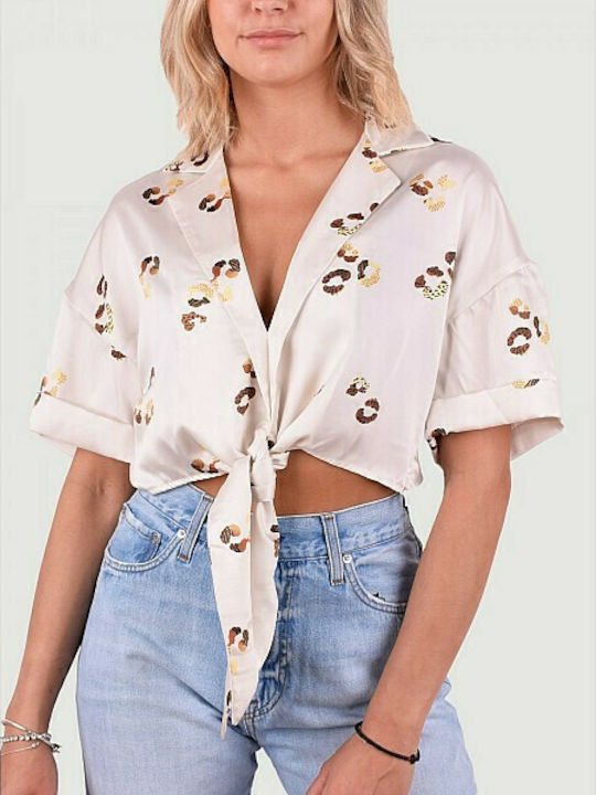 Staff Avery Top de Damă de Vară Crop cu Mânecă Scurtă Animal Print Alb