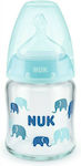 Nuk Glasflasche First Choice Plus Temperature Control Gegen Koliken mit Silikonsauger für 0-6 Monate Ciell Elefanten 120ml 1Stück