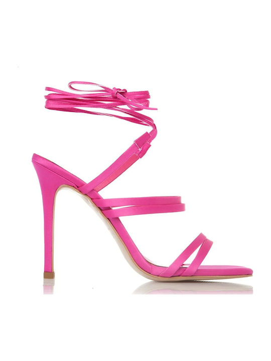 Fabric Women's Sandals with Laces Fuchsia with Thin High Heel