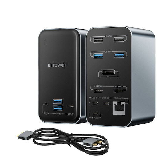 BlitzWolf USB-C-Dockingstation mit HDMI/DisplayPort 4K, PD, Ethernet und Anschluss für 3 Monitore Schwarz (BW-TH14)