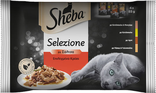 Sheba Selection In Sauce Wet Food for Adult Cats in Pouches with Lamb, Beef, Turkey, Chicken, Calf, Duck, Poultry and Salmon 4x85gr