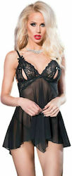 Chilirose Sexy Robe Chemise aus Mikro & Spitze mit offenen Cups Black