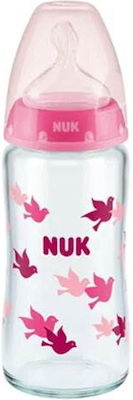 Nuk Γυάλινο Μπιμπερό First Choice Plus Temperature Control Κατά των Κολικών με Θηλή Σιλικόνης 240ml για 0-6 μηνών Pink Birds