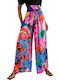 Marsella Women's High-waisted Fabric Trousers with Elastic in Palazzo Fit Floral