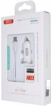 XO XO TZ08 Φορτιστής Αυτοκινήτου 2.1A με Θύρες: 2xUSB μαζί με Καλώδιο Type-C Λευκός