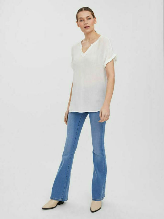 Vero Moda Damen Sommerliche Bluse Kurzärmelig mit V-Ausschnitt Weiß