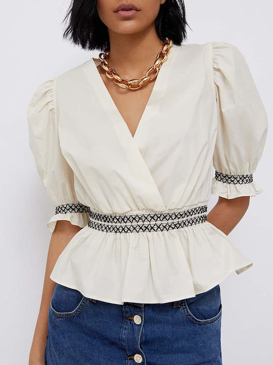 Liu Jo Damen Sommer Bluse Baumwolle Kurzärmelig mit V-Ausschnitt Weiß