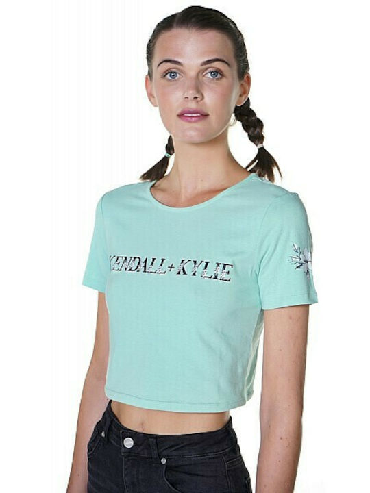 Flower Logo Γυναικείο Καλοκαιρινό Crop Top Βαμβακερό Κοντομάνικο Floral Pistachio