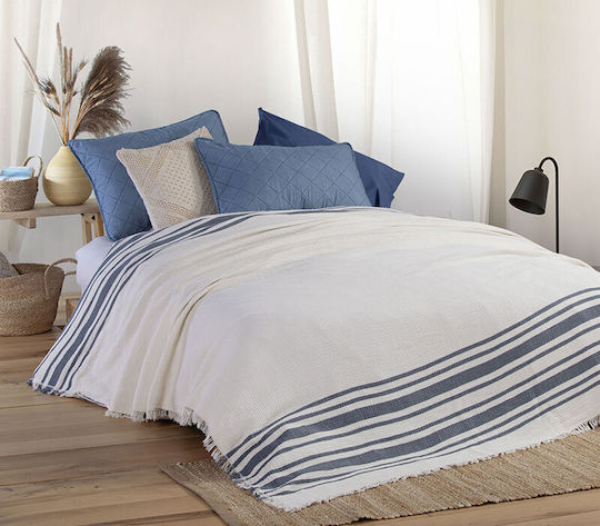 Nef-Nef Homeware Matelasse Knitted Blanket Double with Fringes 230x240cm Mercury Blue