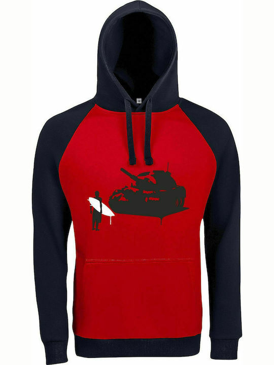 Hoodie Unisex, Organic " Stop The War, Tanks, Surfer, Street Art ", Red/Navy