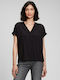 GAP Women's Summer Blouse Short Sleeve with V Neckline Black