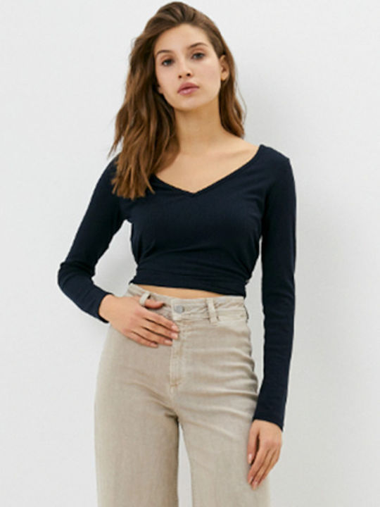Pepe Jeans Women's Crop Top Long Sleeve with V Neckline Navy Blue