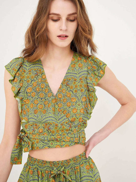 Women's Summer Crop Top Sleeveless with V Neckline Floral Warm Olive