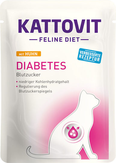 Kattovit Feline Diet Diabetes Wet Cat Food for Adult Cats in Pouches with Chicken Gluten Free 85gr