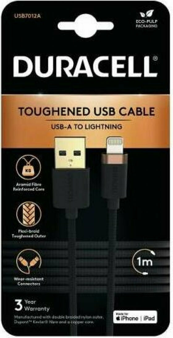 Duracell Kevlar Braided USB to Lightning Cable Μαύρο 1m (USB7012A) Skroutz.gr