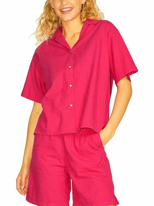 Kurzärmelig Damen Leinen Hemd Fuchsie Monochrom