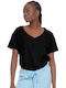 Body Action Summer Women's Cotton Blouse Short Sleeve with V Neck Black