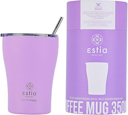 Estia Coffee Mug Save The Aegean Glass Thermos Stainless Steel BPA Free Lavender Purple 350ml with Straw