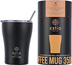Estia Coffee Mug Save The Aegean Sticlă Termos Oțel inoxidabil Fără BPA negru miezul nopții 350ml cu Paie