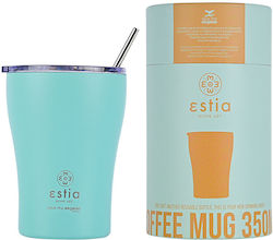 Estia Coffee Mug Save The Aegean Glass Thermos Stainless Steel BPA Free Bermuda Green 350ml with Straw